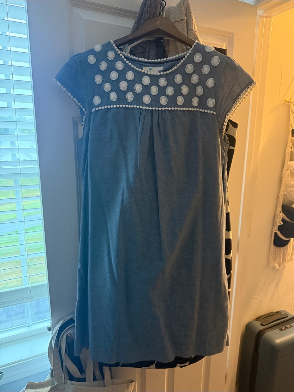 Boden Blue Dress with White Pom-Pom Detail